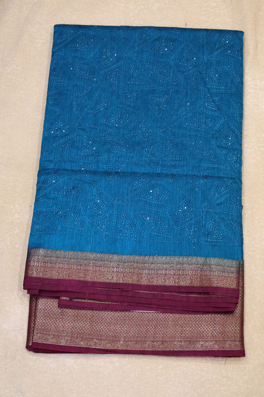 Bamboo Silk Saree-Peacock Blue Geometric