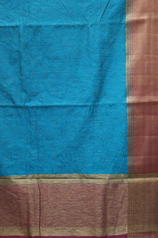 Bamboo Silk Saree-Peacock Blue Geometric