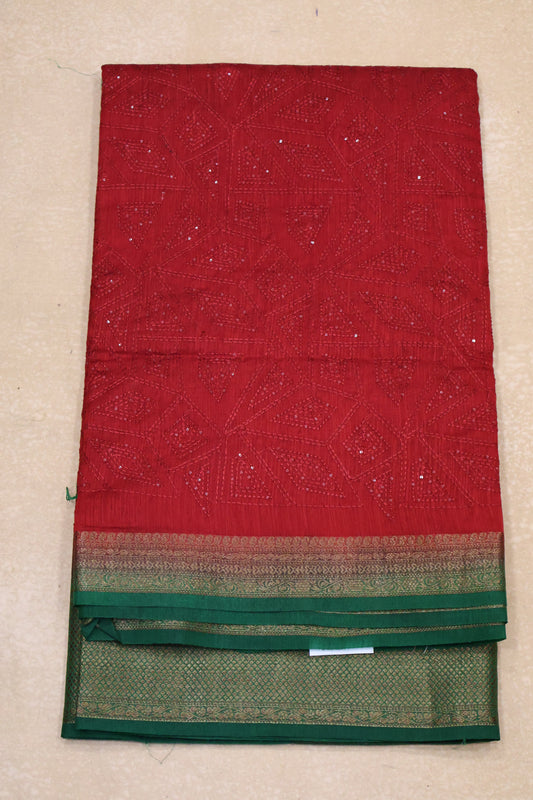Bamboo Silk Saree-Red Geometric