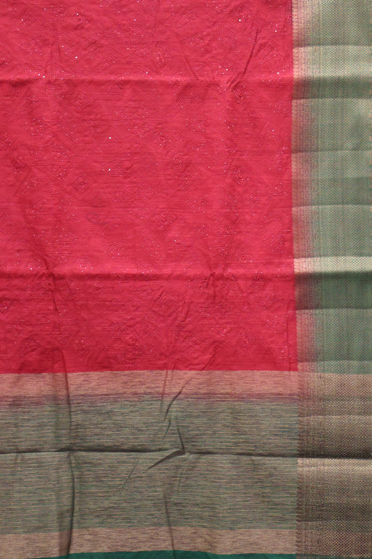 Bamboo Silk Saree-Red Geometric