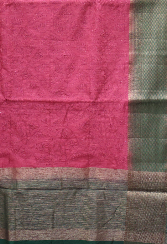 Bamboo Silk Saree-Rani Pink Geometric