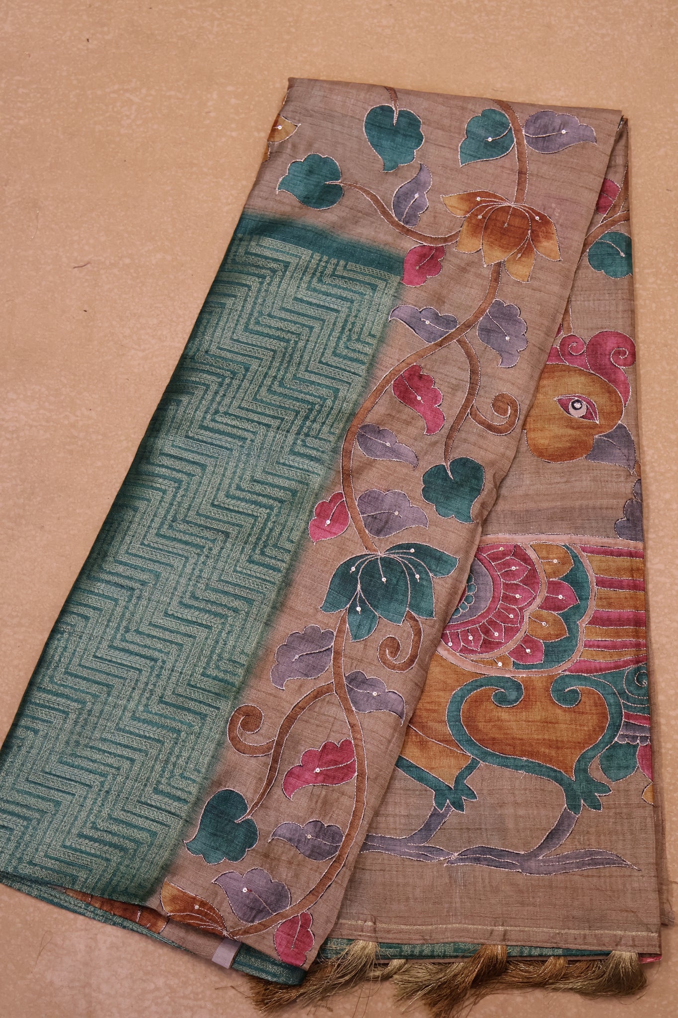 Fushion Kanchipuram Silk Saree- Green Zig Zag Zari