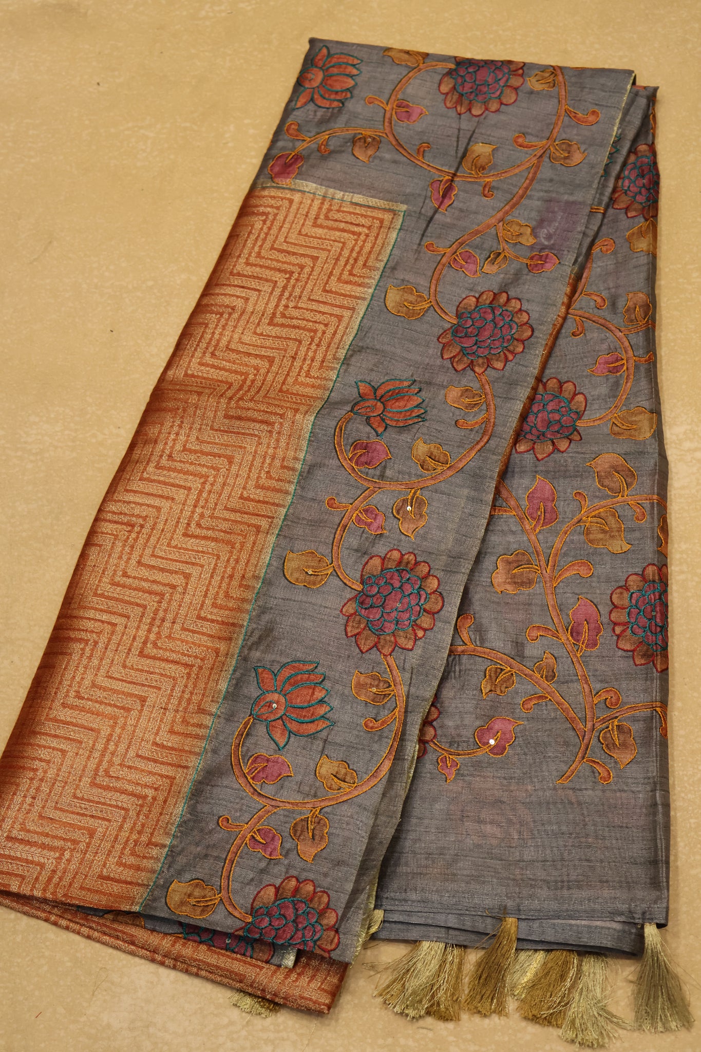 Fushion Kanchipuram Silk Saree-Orange Zig Zag Zari Work