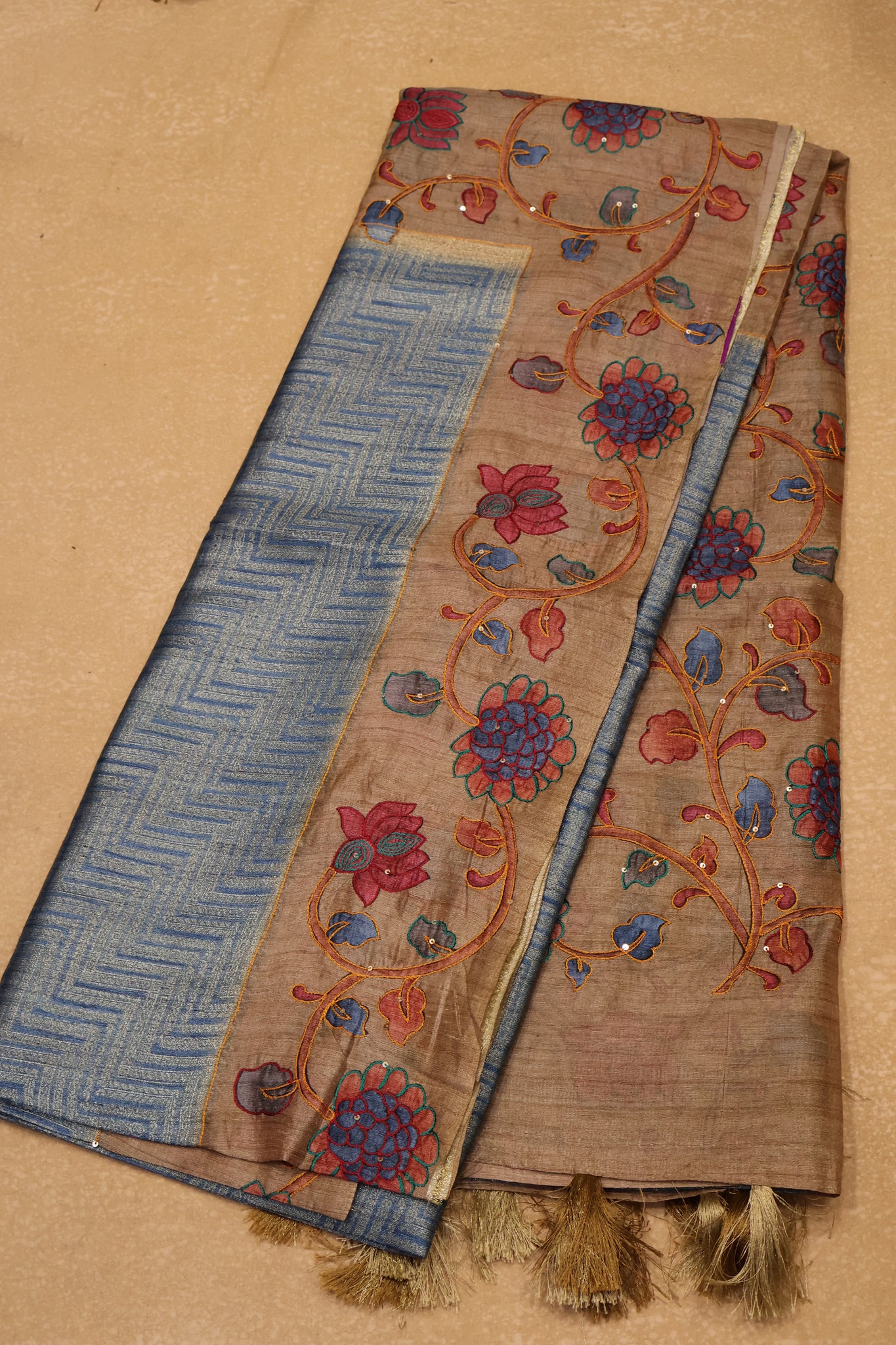 Fushion Kanchipuram Silk Saree-Blue Zig Zag Zari Work