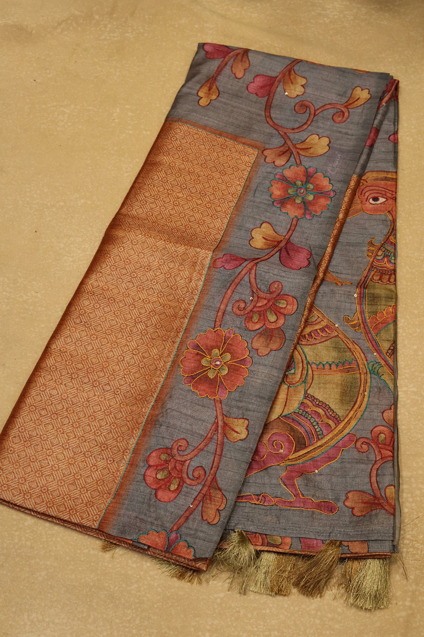 Fushion Kanchipuram Silk Saree-Orange Dimond Flower Work