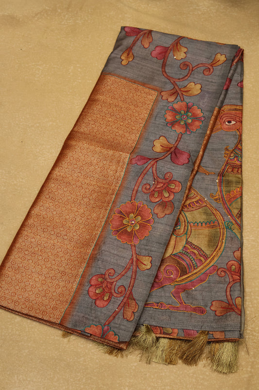 Fushion Kanjivaram Silk Saree-Orange Dimond Flower Work