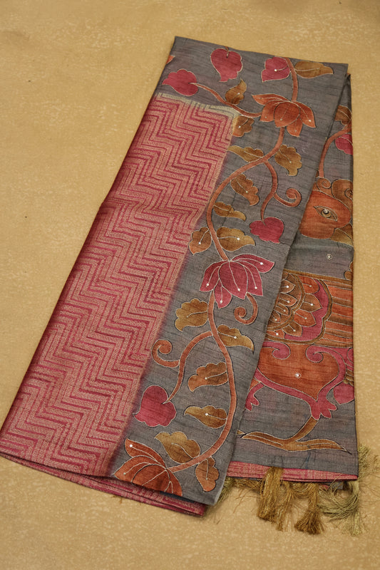 Fushion Kanjivaram Silk Saree-Pink Zig Zag Work