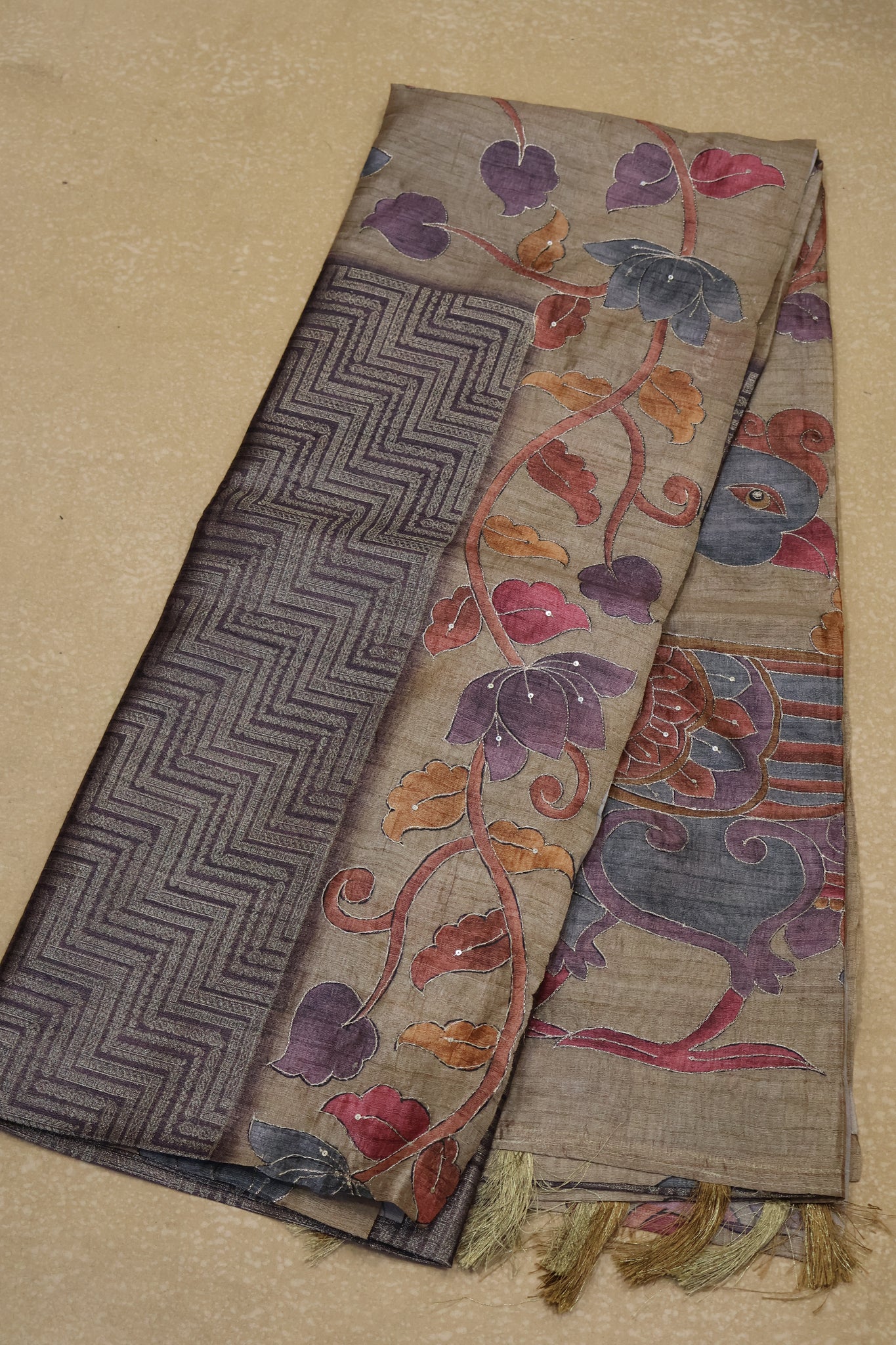 Fushion Kanchipuram Silk Saree-Wine Zig Zag Work