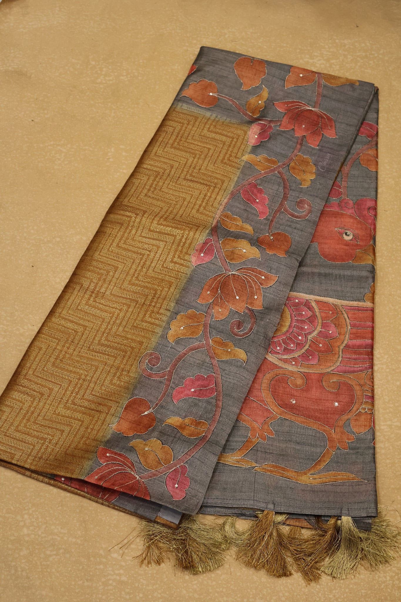 Fushion Kanchipuram Silk Saree-Mustard Zig Zag Work