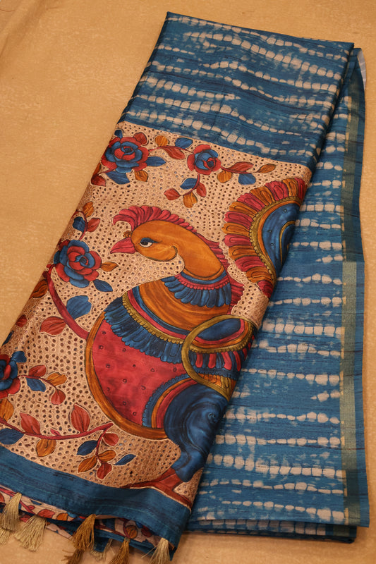 Semi Tussar Saree - Blue Lehariya Cutwork