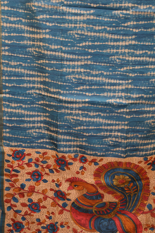 Semi Tussar Saree - Blue Lehariya Cutwork