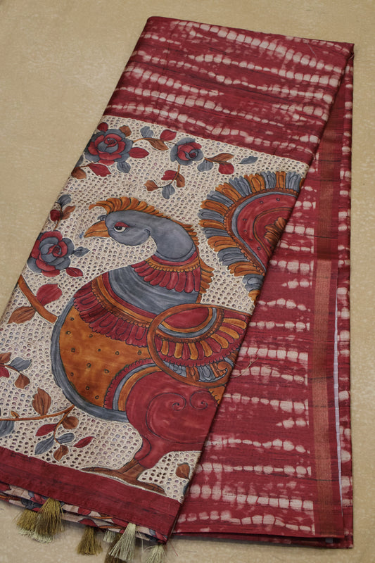 Semi Tussar Saree - Maroon Lehariya Cutwork