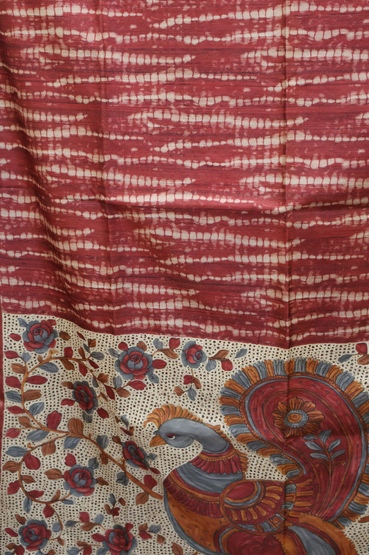 Semi Tussar Saree - Maroon Lehariya Cutwork