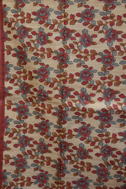 Semi Tussar Saree - Maroon Lehariya Cutwork
