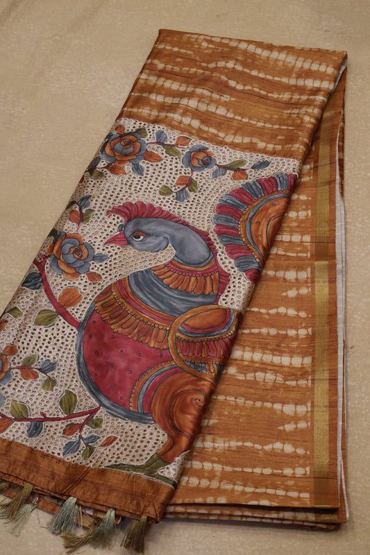 Semi Tussar Saree - Mustard Lehariya Cutwork