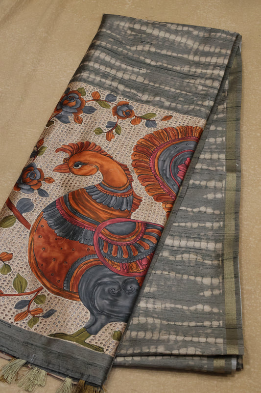 Semi Tussar Saree - Grey Lehariya Cutwork
