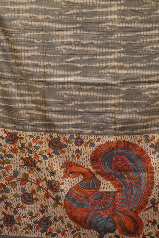 Semi Tussar Saree - Grey Lehariya Cutwork