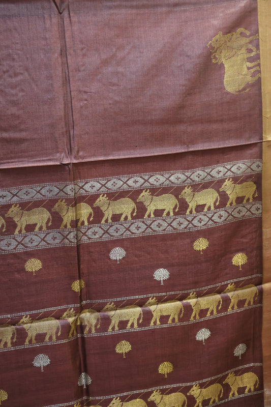 Pure Tussar Saree - Chocolate Brown Twin Pichwai Zari