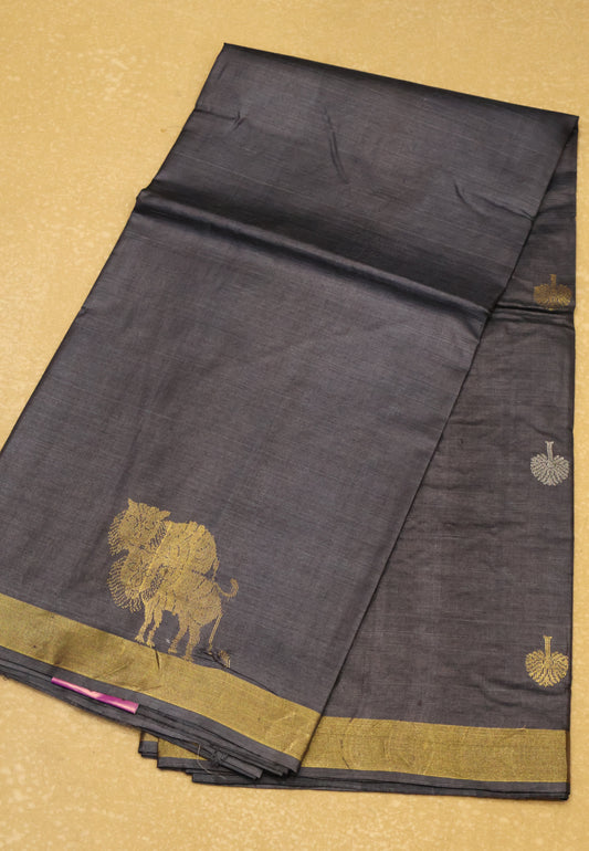 Pure Tussar Saree - Elephant Grey Cheetah Zari