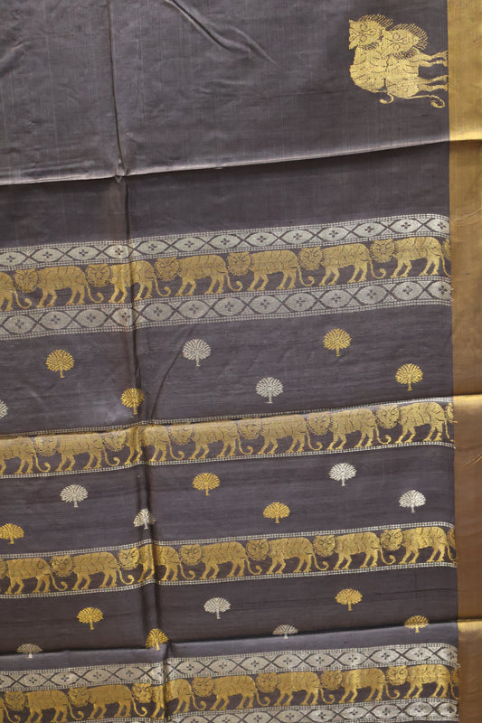 Pure Tussar Saree - Elephant Grey Cheetah Zari