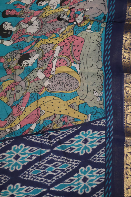 Malai Cotton Saree-Peacock Green  Pichwai Print