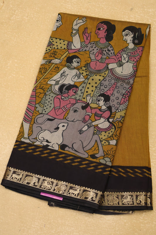 Malai Cotton Saree-Mustard Pichwai Print