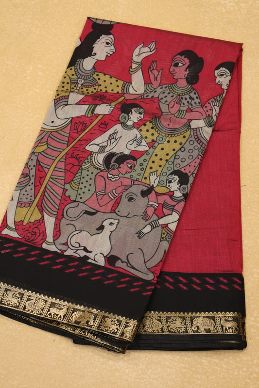 Malai Cotton Saree-Maroon Pichwai Print
