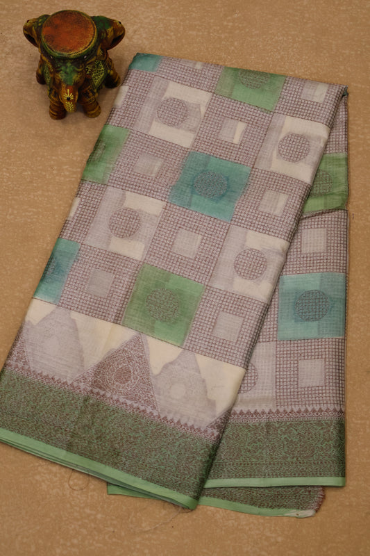 Pure Tussar Saree - Green Triangle With Checked Pattern