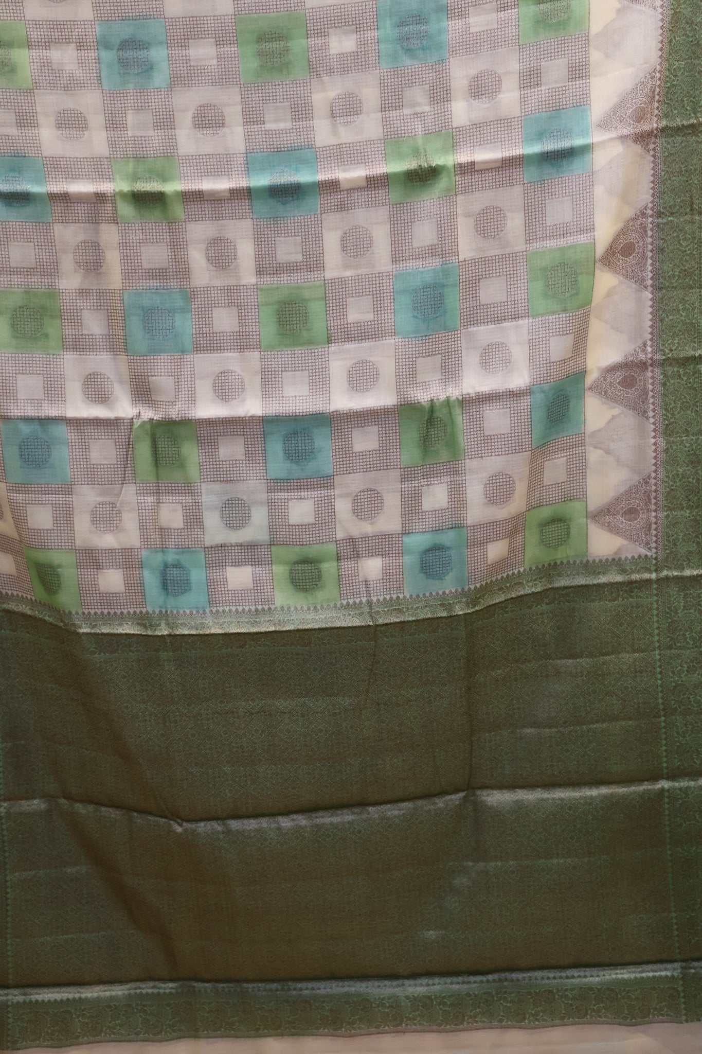 Pure Tussar Saree - Green Triangle With Checked Pattern