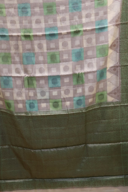 Pure Tussar Saree - Green Triangle With Checked Pattern