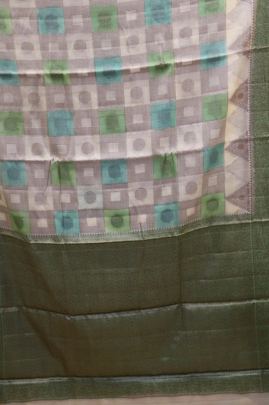 Pure Tussar Saree - Green Triangle With Checked Pattern