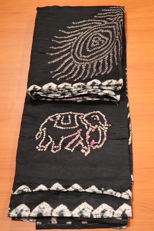 Pure Banarasi Saree Crushed - Black Elephant Print