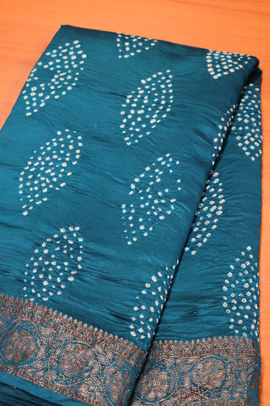 Pure Banarasi Saree Crushed -Peacock Blue Oval Pattern