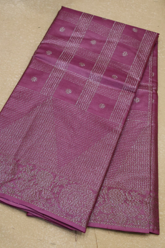 Pure Tussar Saree -Onion Pink Checks