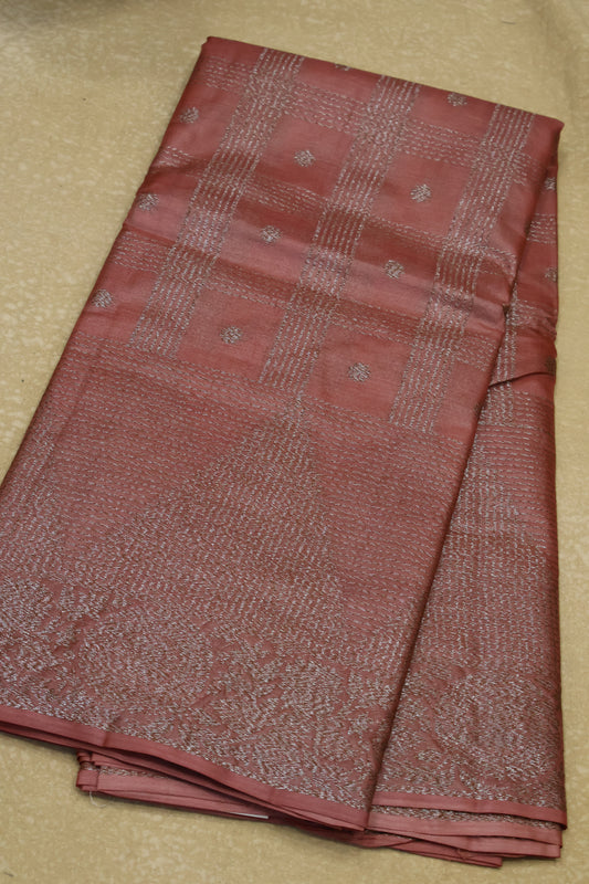 Pure Tussar Saree -Pale Orange Checks