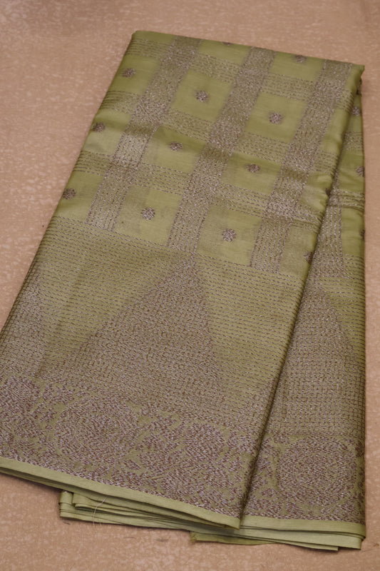 Pure Tussar Saree - Lite Olive Green Checks