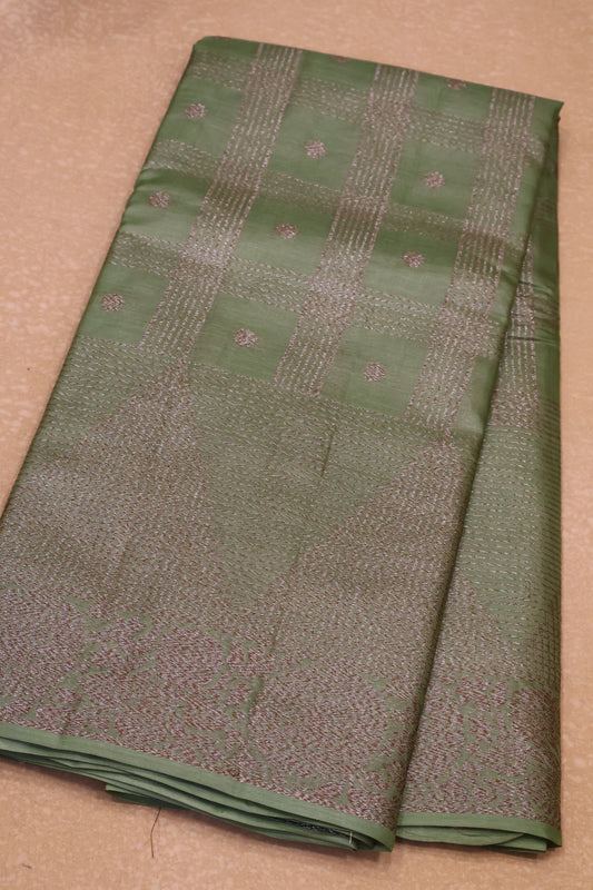 Pure Tussar Saree -Olive Green Checks