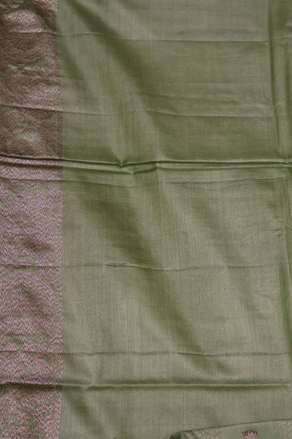 Pure Tussar Saree -Olive Green Checks