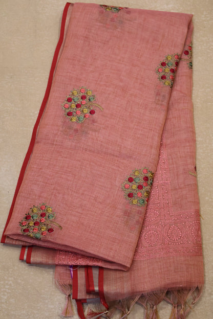 Tissue Kota Saree - Lite Red Rose Plant Embroidery Work