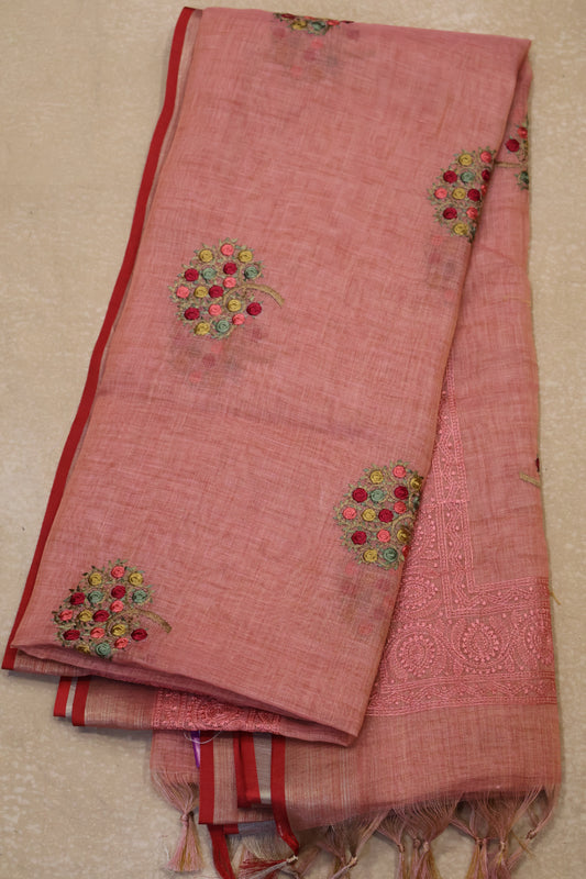 Tissue Kota Saree - Lite Red Rose Plant Embroidery Work
