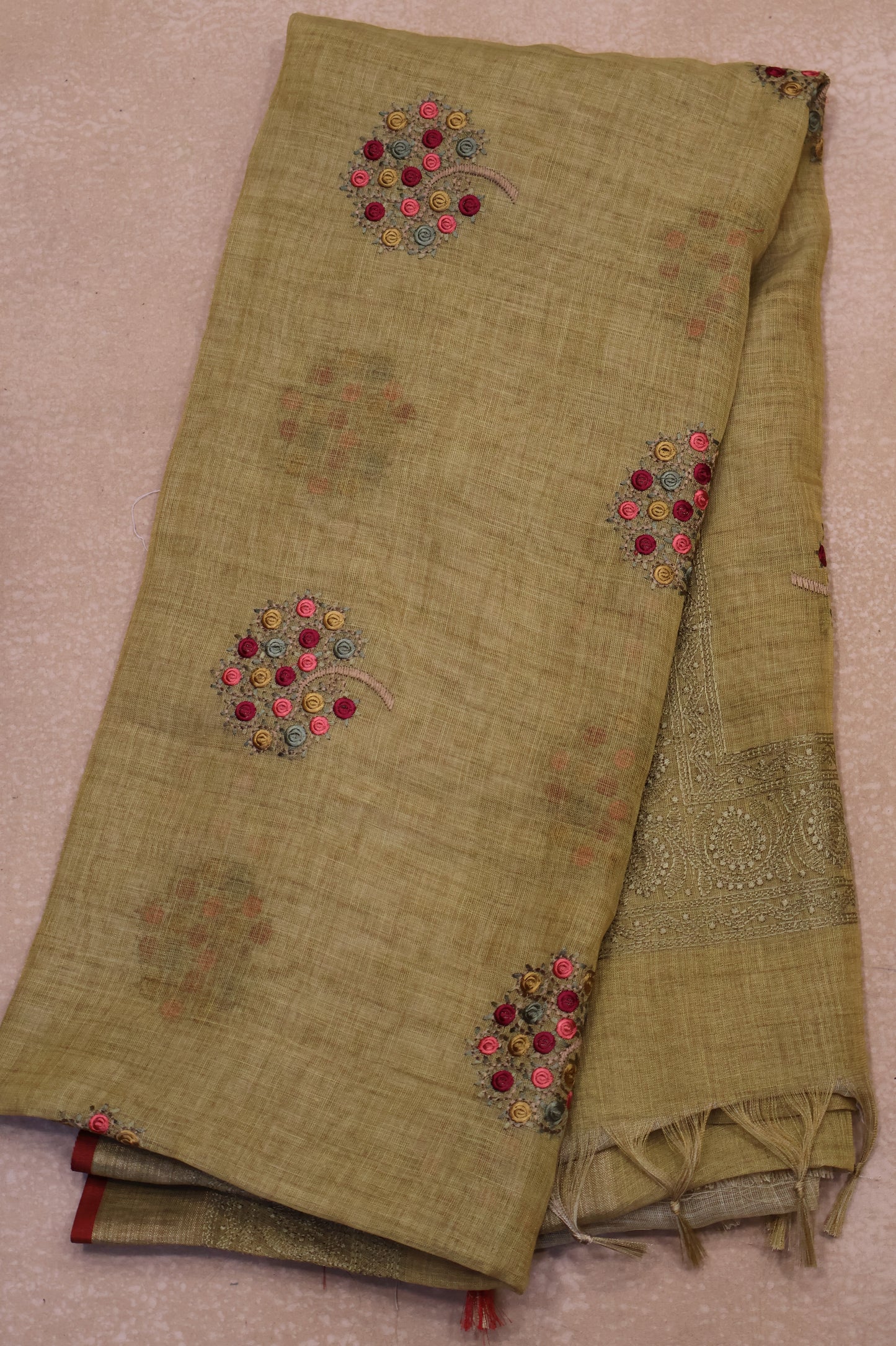 Tissue Kota Saree - Mustard Rose Plant Embroidery Work