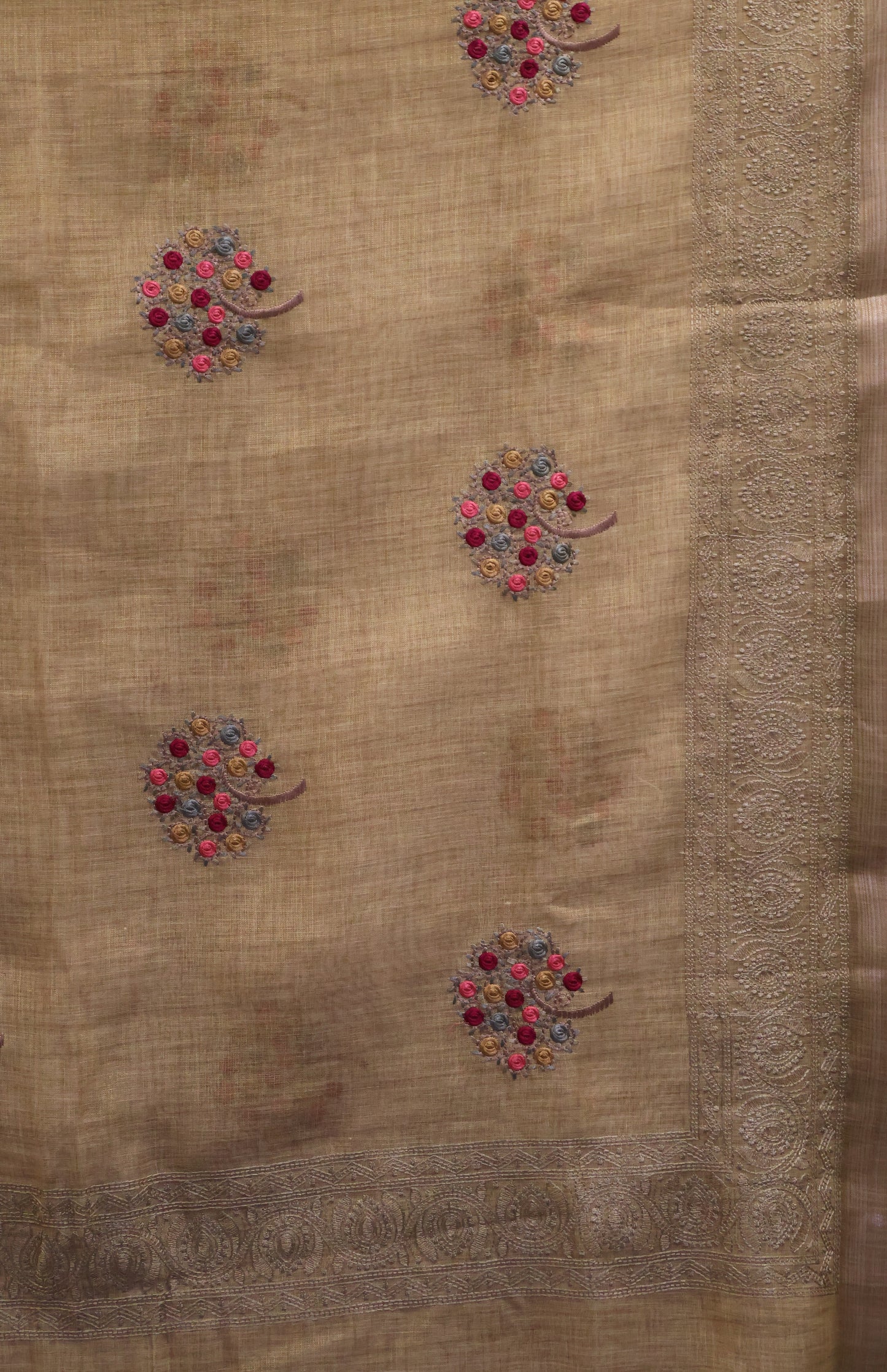 Tissue Kota Saree - Mustard Rose Plant Embroidery Work