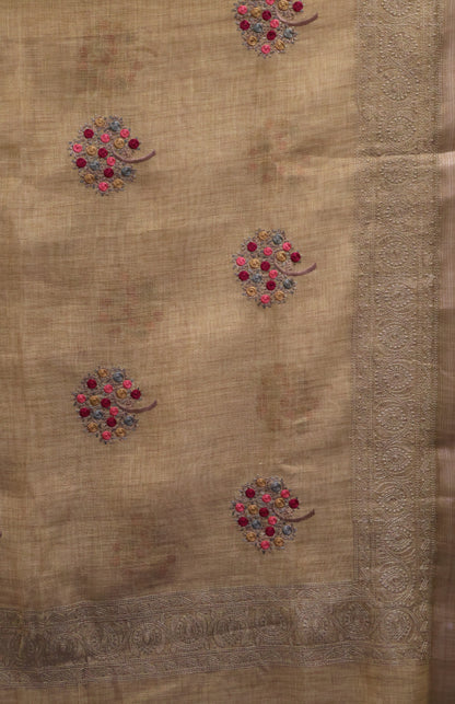 Tissue Kota Saree - Mustard Rose Plant Embroidery Work