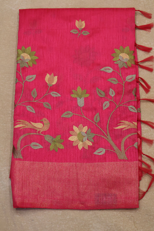 Semi Raw Silk Saree -Pink Parrot Tissue