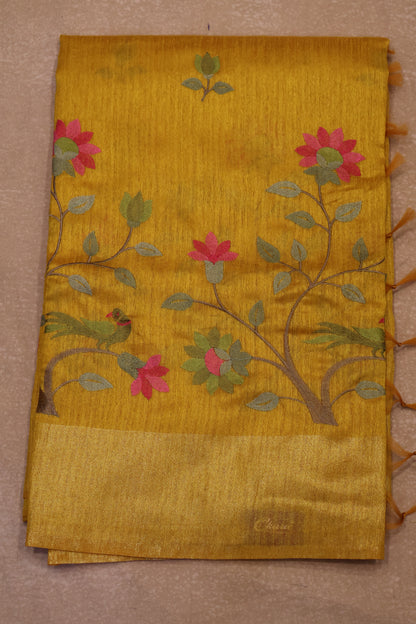 Semi Raw Silk Saree -Yellow Parrot Tissue