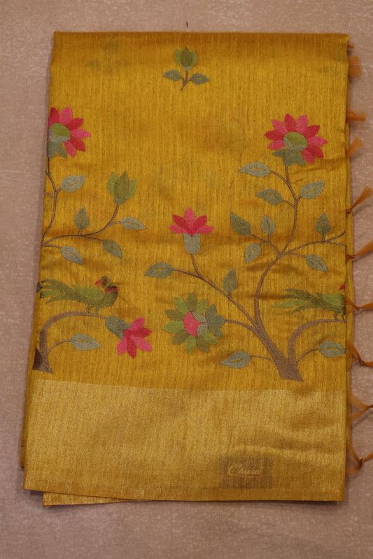 Semi Raw Silk Saree -Yellow Parrot Tissue