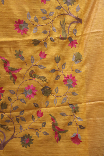 Semi Raw Silk Saree -Yellow Parrot Tissue