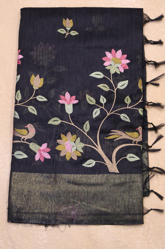 Semi Raw Silk Saree -Black Parrot Tissue
