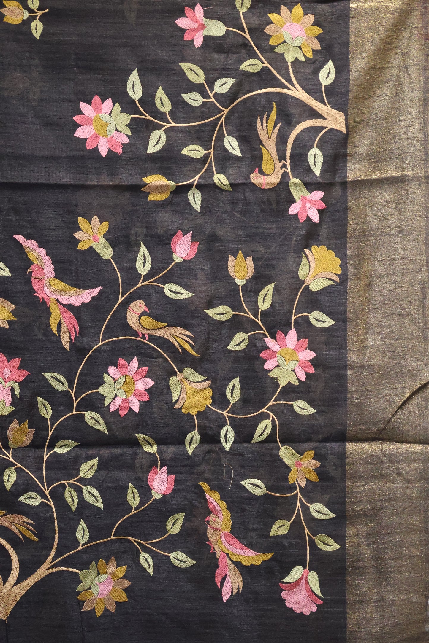 Semi Raw Silk Saree -Black Parrot Tissue