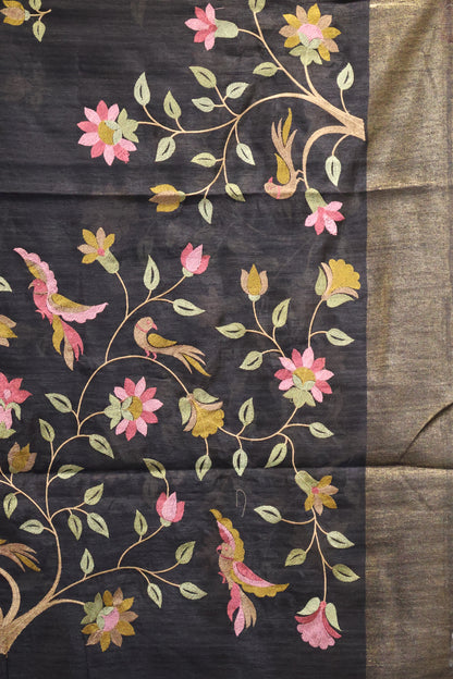 Semi Raw Silk Saree -Black Parrot Tissue